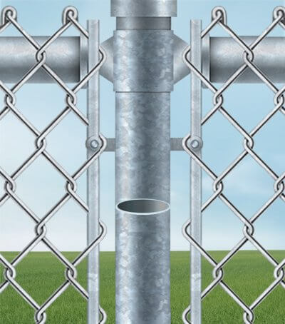 Close up of a hollow chain-link fence post