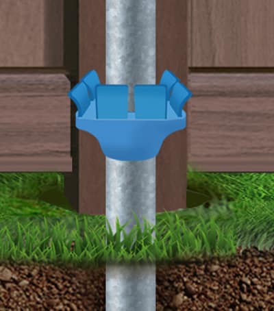 Composite fence close up of steel post and donut at ground level