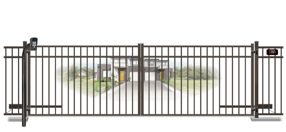 Metal swinging estate gate in closed position