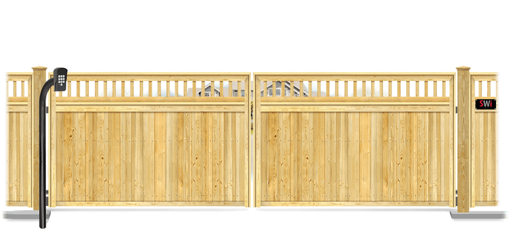 Wood swinging estate gate in closed position