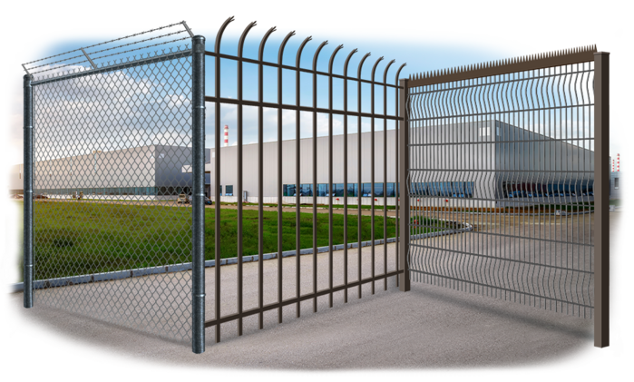 Industrial fences chain link with barbed wire, strong steel, anti-climb wire fences