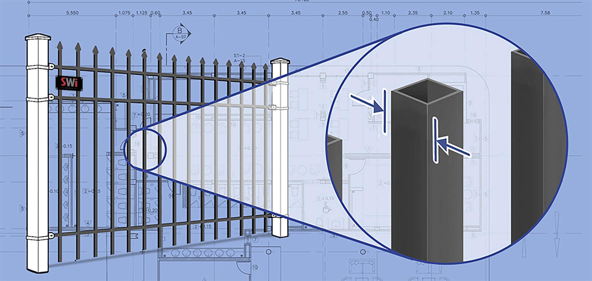 Close up of a hollow wrought-iron fence post