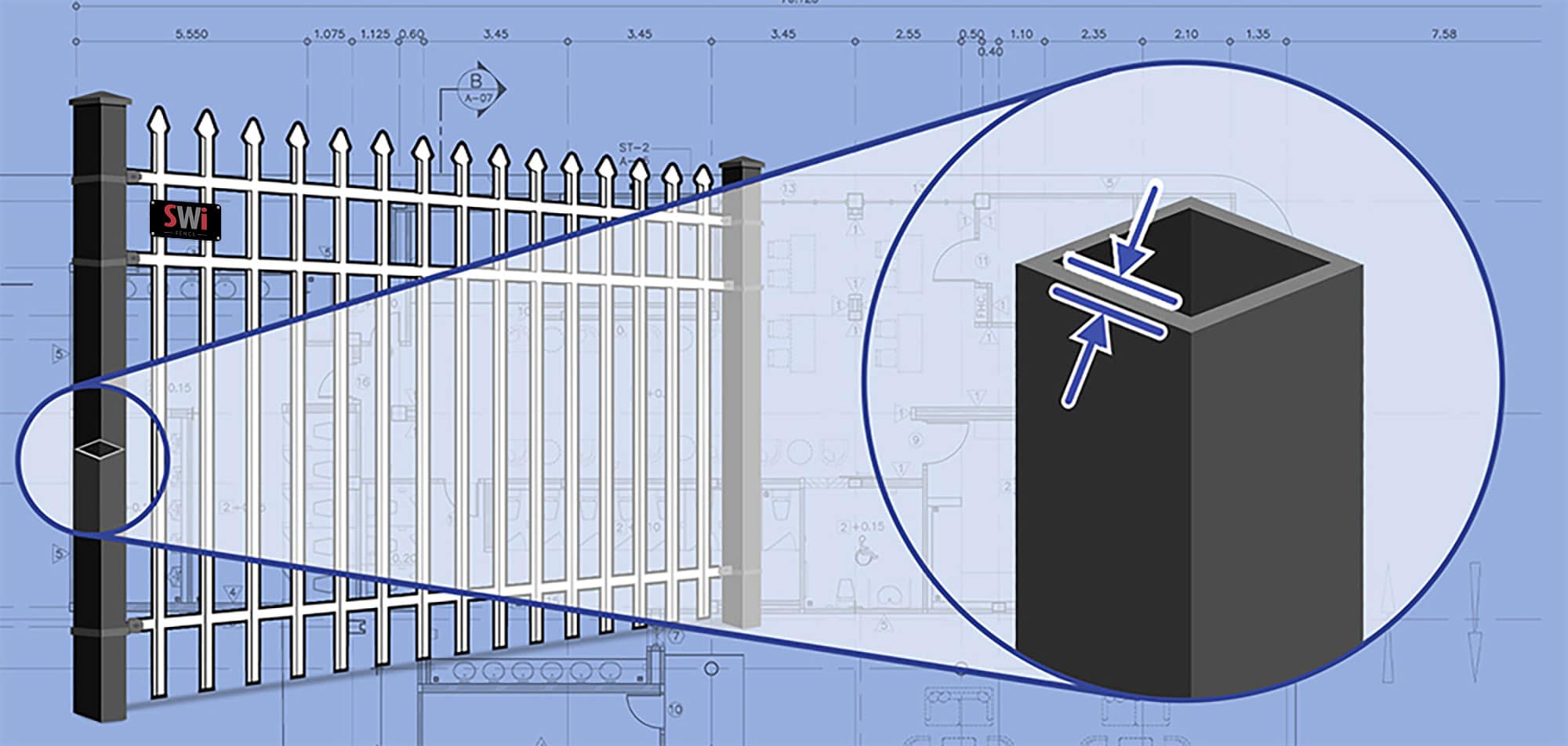 Close up of a hollow wrought-iron fence post